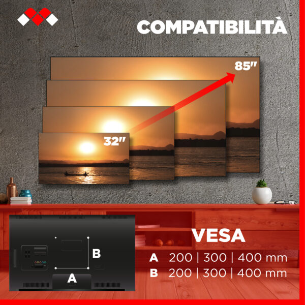 Supporto tv parete fisso con foratura VESA 200 – 300 – 400 mm, adatto alle TV di medio e grande formato. Anche supporto tv per cartongesso.