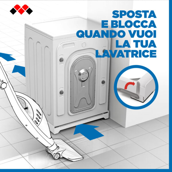 Base per lavatrice con ruote in tecnopolimero, freni laterali estraibili e sistema anti-vibrazione specifica per lavatrice o asciugatrice.