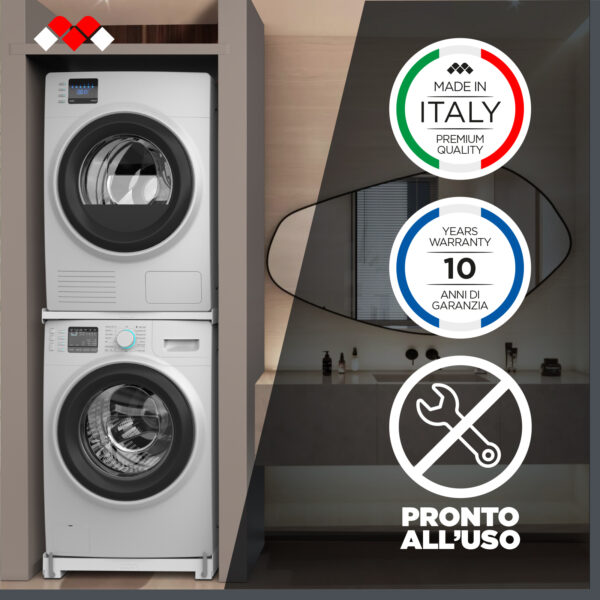 Realizza la tua torre lavatrice-asciugatrice e muovila! Kit sovrapposizione lavatrice asciugatrice 2 in 1, Made in Italy, garanzia di 10 anni e premontato.