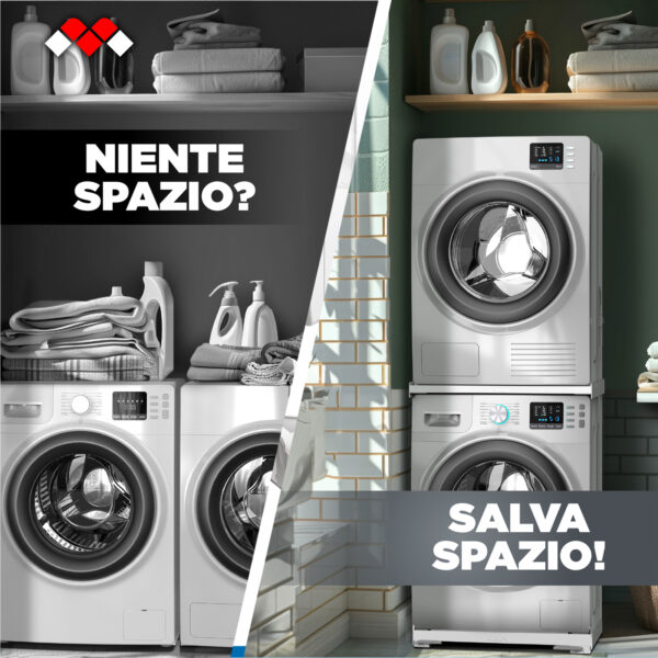 Realizza la tua torre lavatrice-asciugatrice e muovila! Kit sovrapposizione lavatrice asciugatrice 2 in 1, Made in Italy, garanzia di 10 anni e premontato.