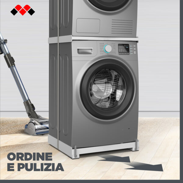 Realizza la tua torre lavatrice-asciugatrice e muovila! Kit sovrapposizione lavatrice asciugatrice 2 in 1, Made in Italy, garanzia di 10 anni e premontato.