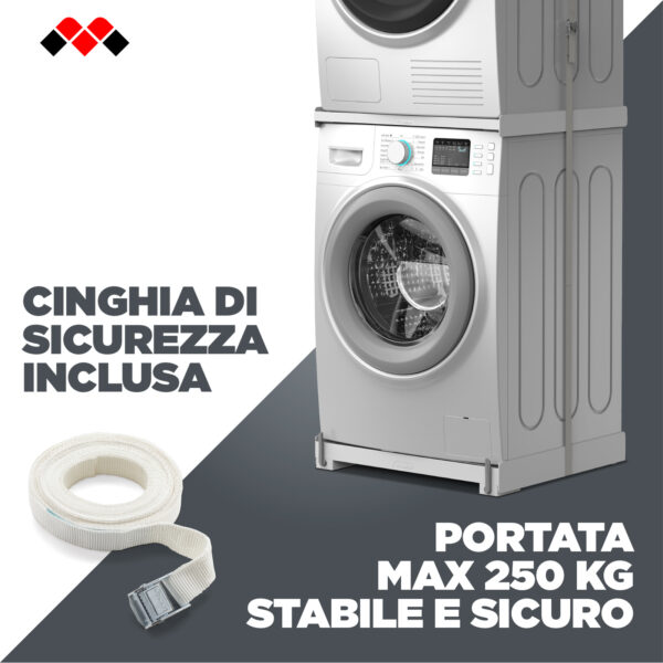 Realizza la tua torre lavatrice-asciugatrice e muovila! Kit sovrapposizione lavatrice asciugatrice 2 in 1, Made in Italy, garanzia di 10 anni e premontato.